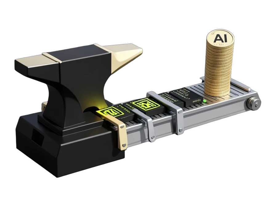 A solid blacksmith's anvil works as a heavy testing press, stamping a square approval mark into a line of opaque AI-written code blocks held by inspection clamps on a conveyor; a t