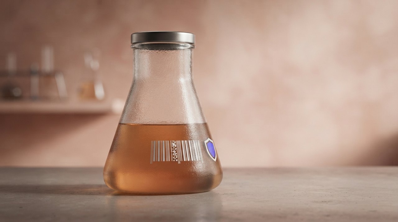 En laboratoriekolbe med en digital stregkode og et skjold-ikon trykt på glasset.