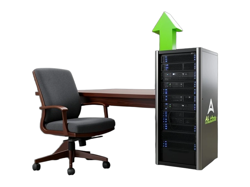 A solid, opaque boardroom chair slides into place at a thick table beside a tall data-center server rack. A compact, solid upward stock-market arrow rises above the table. The chai