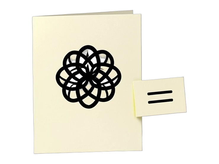 A thick opaque summary card stands upright with a folded corner, the black interwoven OpenAI Blossom symbol filling its upper face. A narrow folded note card is being slotted into 