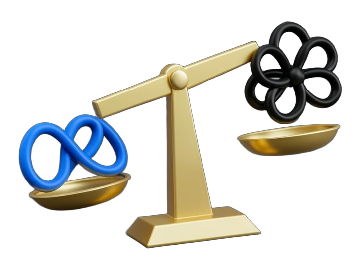 Meta's blue infinity-loop symbol forces one side of a thick, solid gold regulator balance scale downward, while OpenAI's black interwoven six-loop Blossom symbol holds the opposite