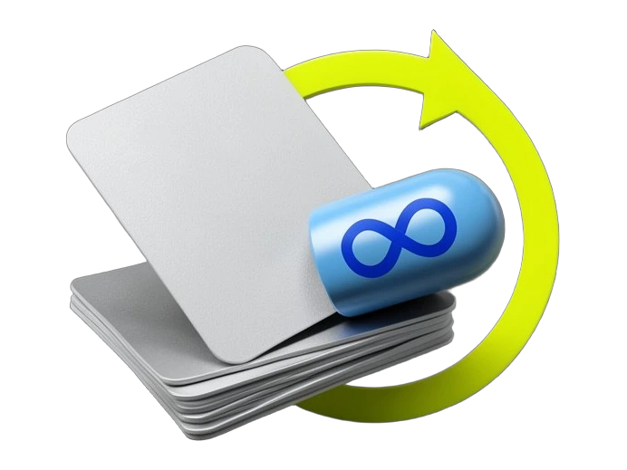 A large solid profile card with rounded corners, layered on top of a stack of smaller contact cards, being pulled hour by hour into a single labelled capsule marked with Meta's blu