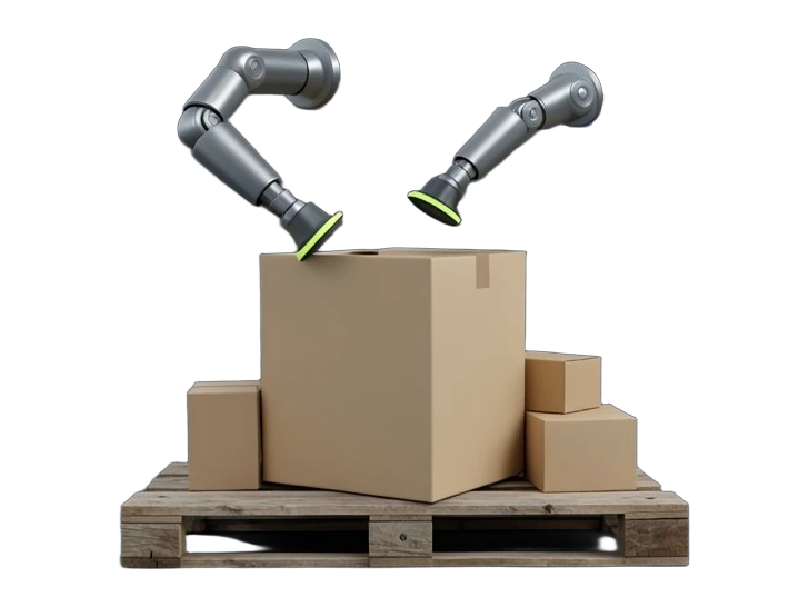 A two-armed warehouse robot pressing rubber vacuum cups onto a plain cardboard box, lifting it onto a wooden pallet of stacked boxes.
