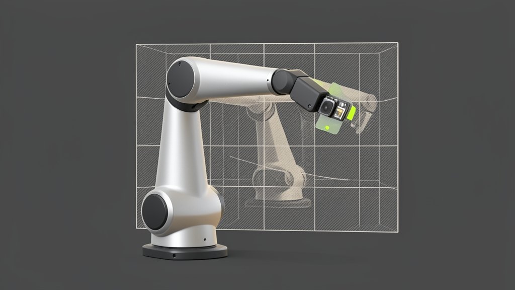 A solid industrial robot arm on an assembly line picking up a small protective film from a phone camera module, with a hatched simulation grid panel behind it showing the same arm 