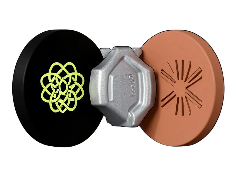 Two thick upright solid discs face each other: the black disc carries the intact interwoven six-loop OpenAI Blossom symbol, the terracotta-orange disc carries Claude's many-rayed a