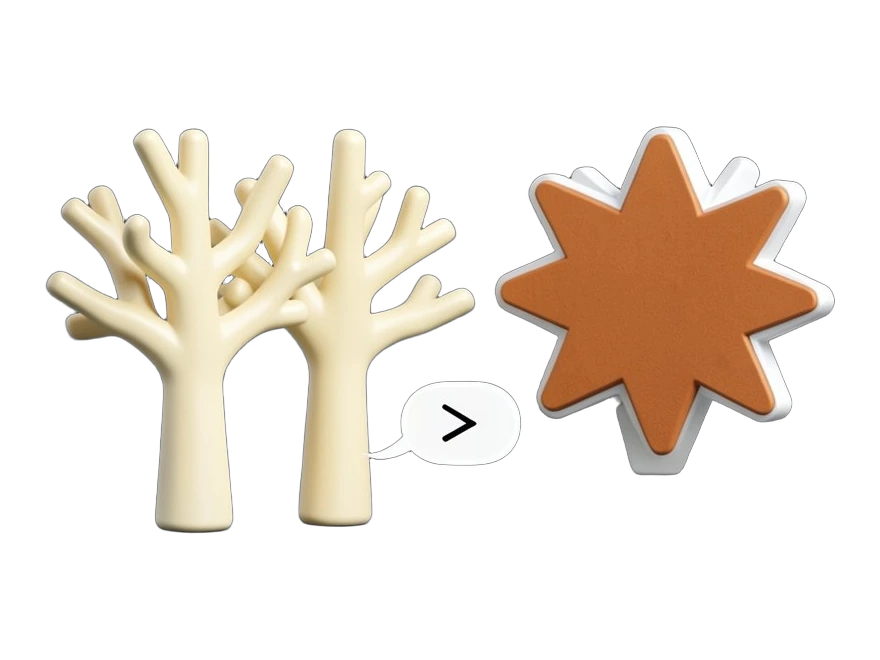 Two algorithmically generated solid tree shapes side by side with slightly different branch patterns, Claude's terracotta-orange asterisk starburst mark beside them, and a small sp