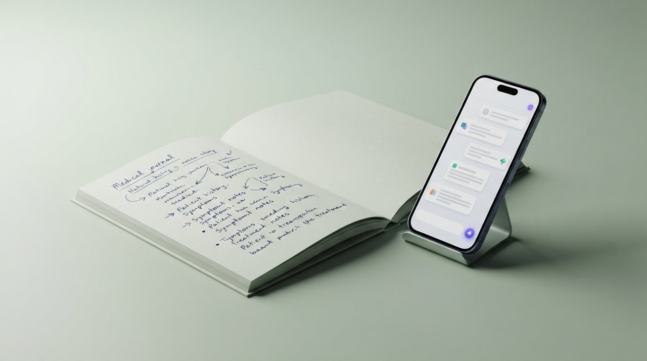 En åben lægejournal med håndskrevne notater ved siden af en smartphone der viser ChatGPTs sundhedsgrænseflade.