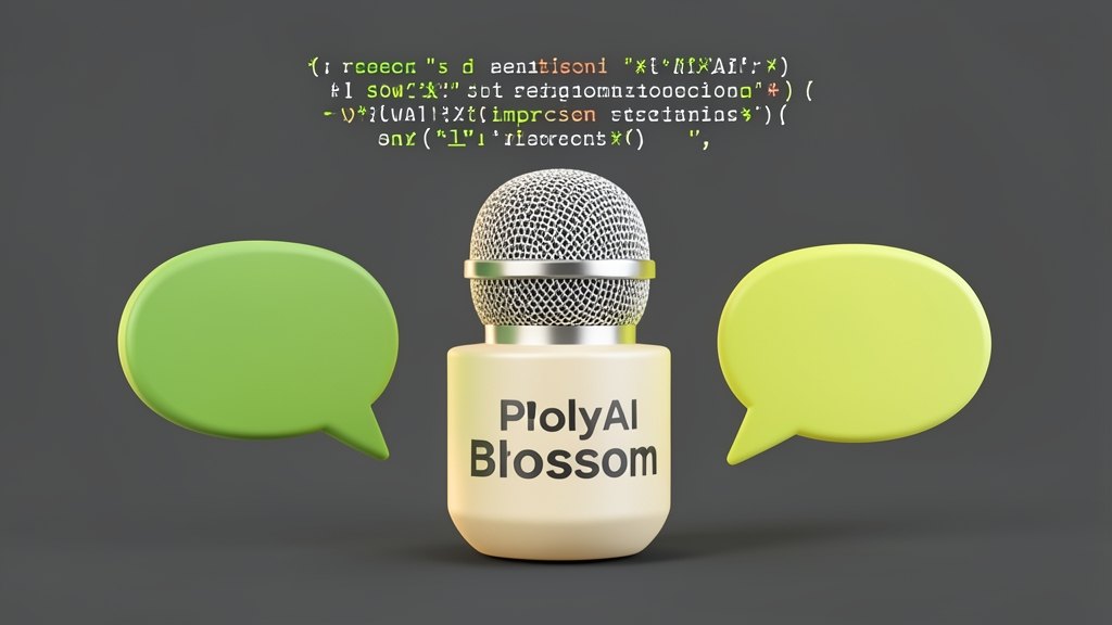 A solid microphone with PolyAI's Blossom mark on its front, flanked by two solid speech bubbles, while a speech-to-text layer shows key words being missed and replaced by garbled t