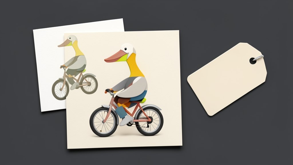 A simple flat pelican riding a bicycle, built from bold solid shapes, stands on a square card with two more square cards behind it, each showing the same bird-and-bike slightly mor