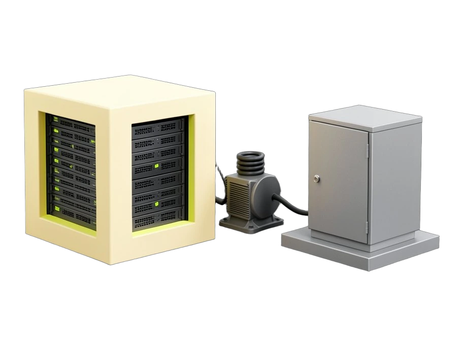 A solid square data-centre building block with a row of thick solid server racks visible inside its open front, standing next to a separate solid metal electrical cabinet mounted o