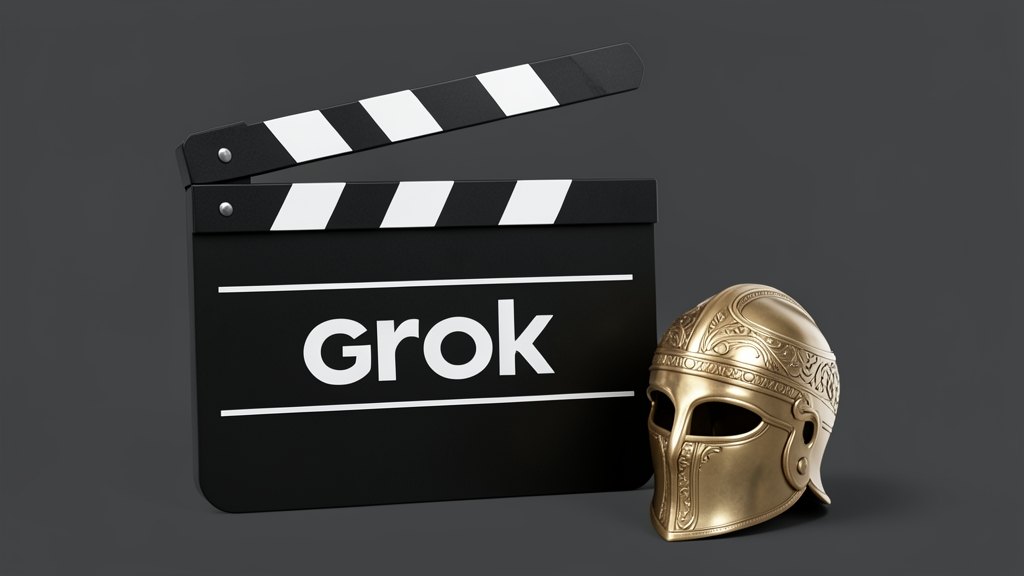 A solid black film clapperboard with the white Grok wordmark centered on its slate, its hinged top raised, and a wide solid filmstrip of exactly seven square frames extending from
