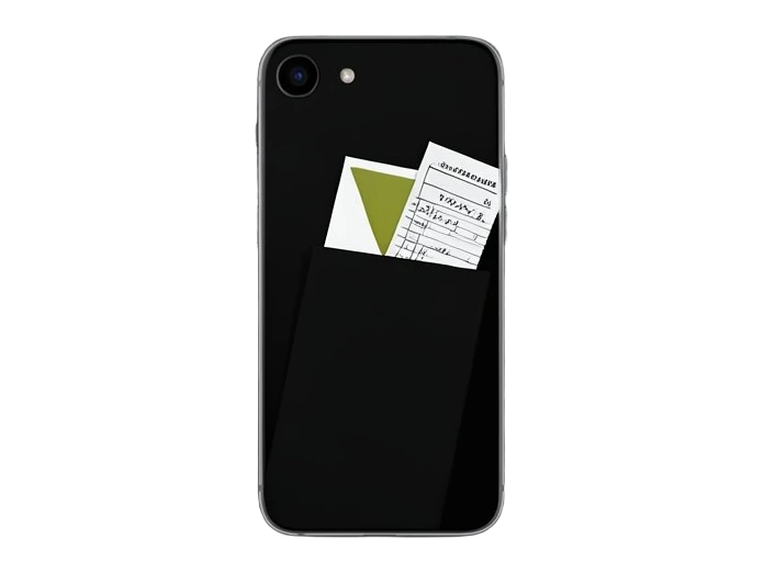 A matte black phone standing upright with a narrow slot in its side; an envelope, a paper travel ticket, and a folded shopping list slide into the slot.
