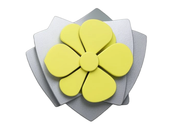 A thick OpenAI Blossom symbol mounted on a solid wall panel, with three stacked protective shield layers overlapping it in front, each layer a separate opaque slab, symbolising red