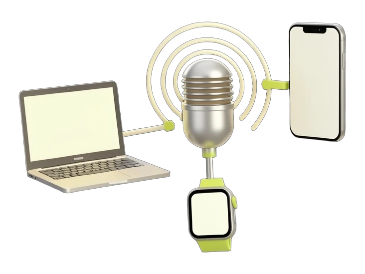 A microphone-shaped solid capsule with concentric sound arcs radiating outward connects by solid links to a phone block, a laptop block and a smartwatch block, showing Ambi's AI li