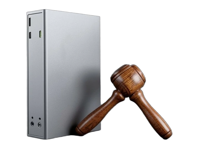 A thick solid external hard drive standing upright next to a wooden auction gavel
