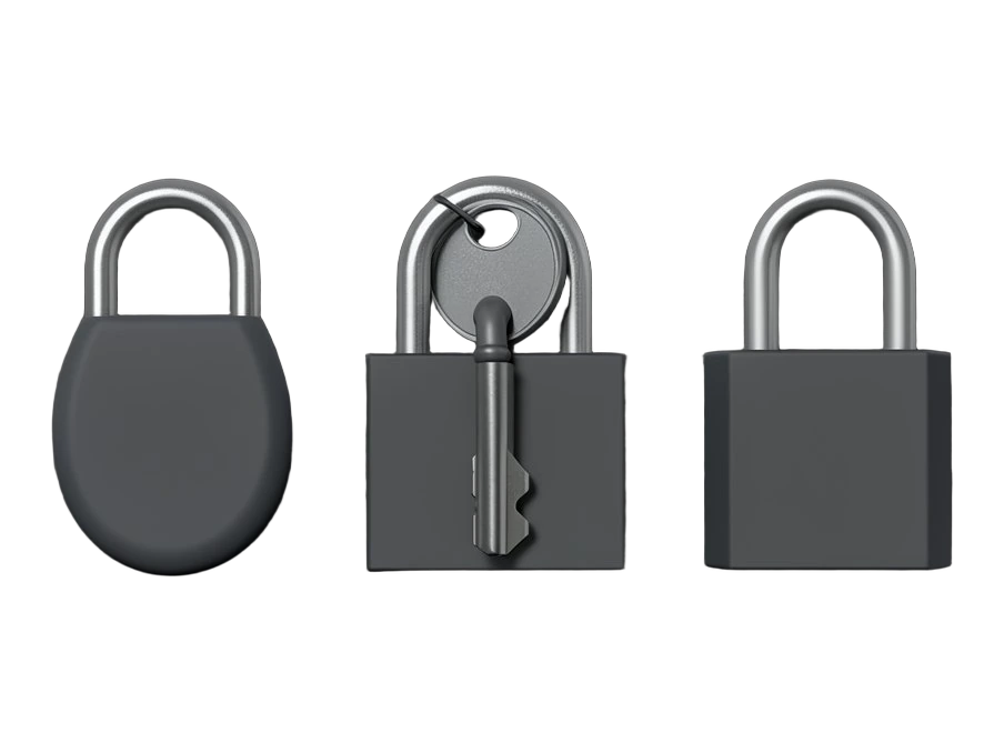 A single metal key turned in one of three differently shaped padlocks lined up in a row, the other two closed and untouched.