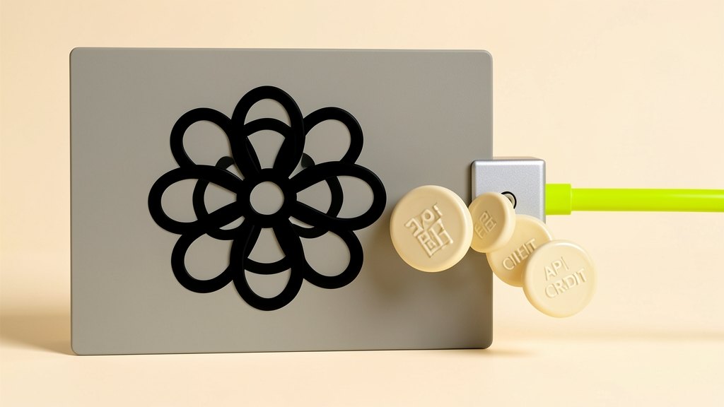 The intact interwoven six-loop OpenAI Blossom symbol in black fills a quarter of a thick subscription card. A short solid cable connects the card to a small square data port, and t