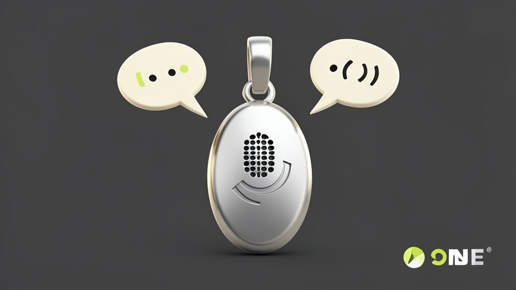 A solid silver oval pendant with a small microphone grille, hanging from a short necklace loop, with one speech bubble entering it and two other speech bubbles bouncing off a curve