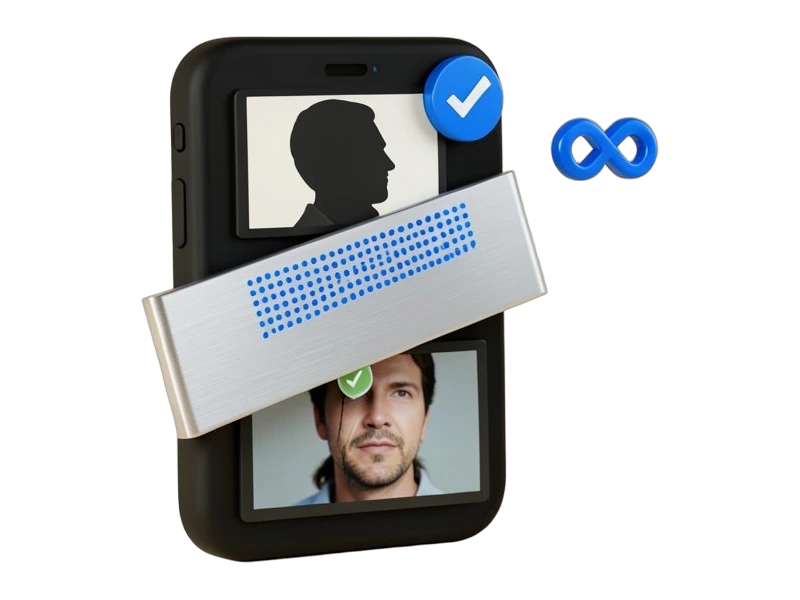 A solid smartphone slab shows a stacked gallery of three identical tiles, each a face silhouette inside a square frame, with a blue verification checkmark badge pressed onto the to