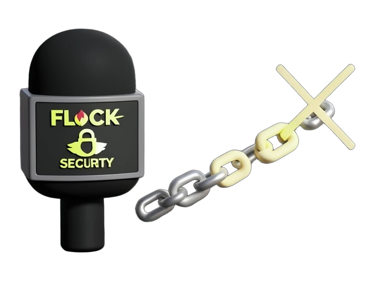 A solid dark microphone head with the Flock Security name and its recognisable stylised bird-lock emblem on a front-facing panel emits a single sharp crack waveform shape, while be