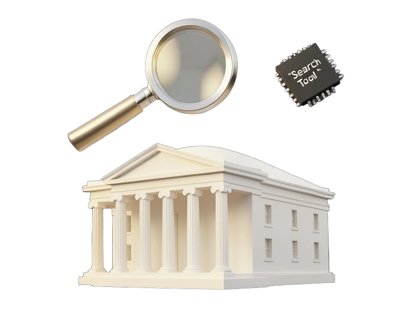 A solid white neoclassical government building with tall columns and a shallow dome, front view. A thick-handled magnifying glass tilts away above it, and a small dark data chip fl