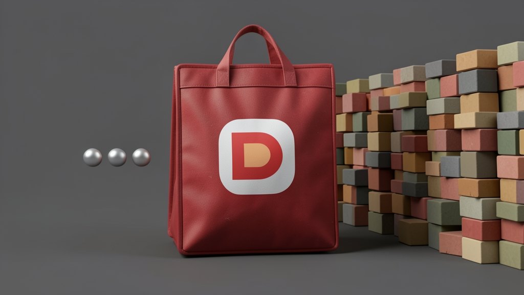 A large red DoorDash delivery bag bearing the red-and-white DoorDash D app icon splits a flow: a tiny row of three small agent tokens approaches one side, while a massive solid rib