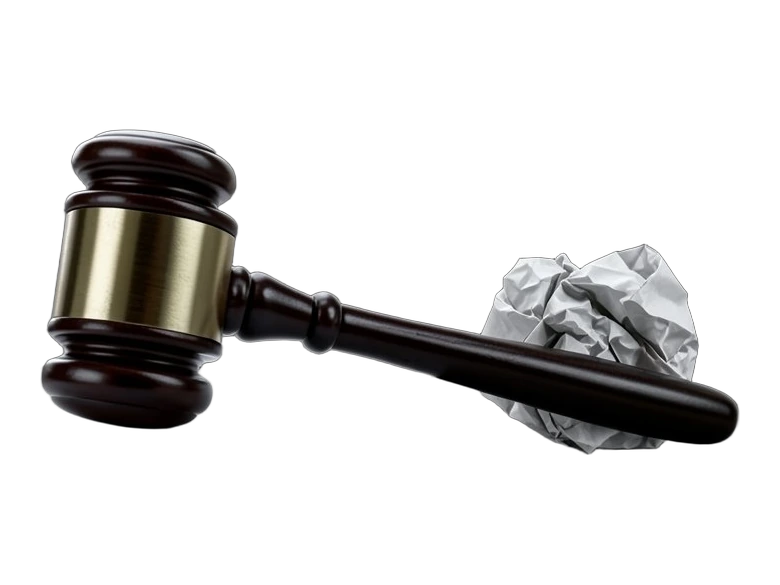 A wooden judge's gavel resting on a blank sheet of paper, a second sheet crumpled into a tight ball beside it.