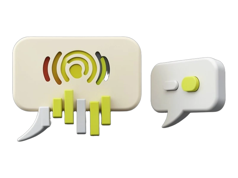 A solid speech-bubble slab with a thick tail holds the Suno soundwave mark on its face, and a row of chunky stepped audio bars climbs out of its lower edge, merging voice bubble in