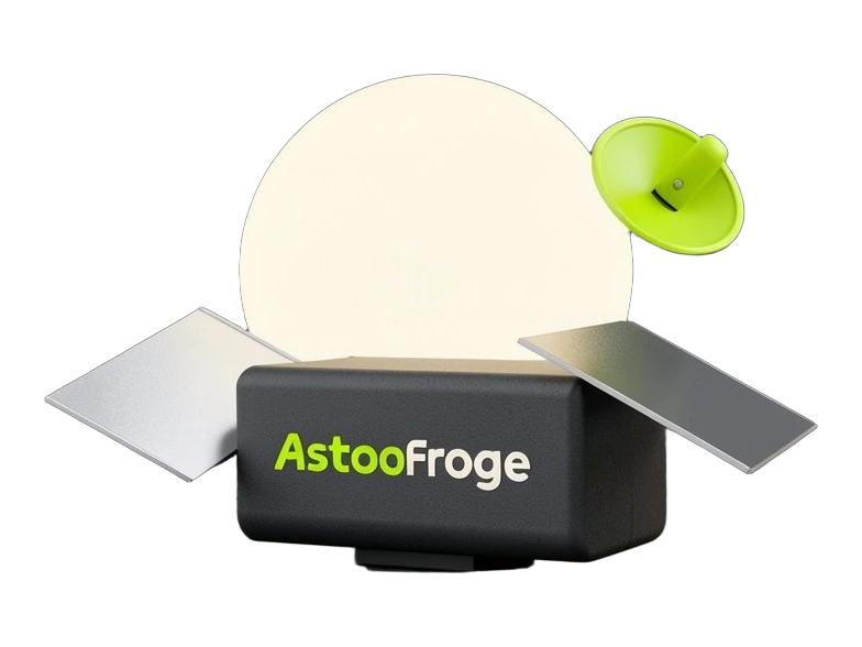 A compact solid spacecraft body with two flat solar panels carries AstroForge's wordmark on its side, its round dish antenna detached and floating apart, while a solid sun disc sit