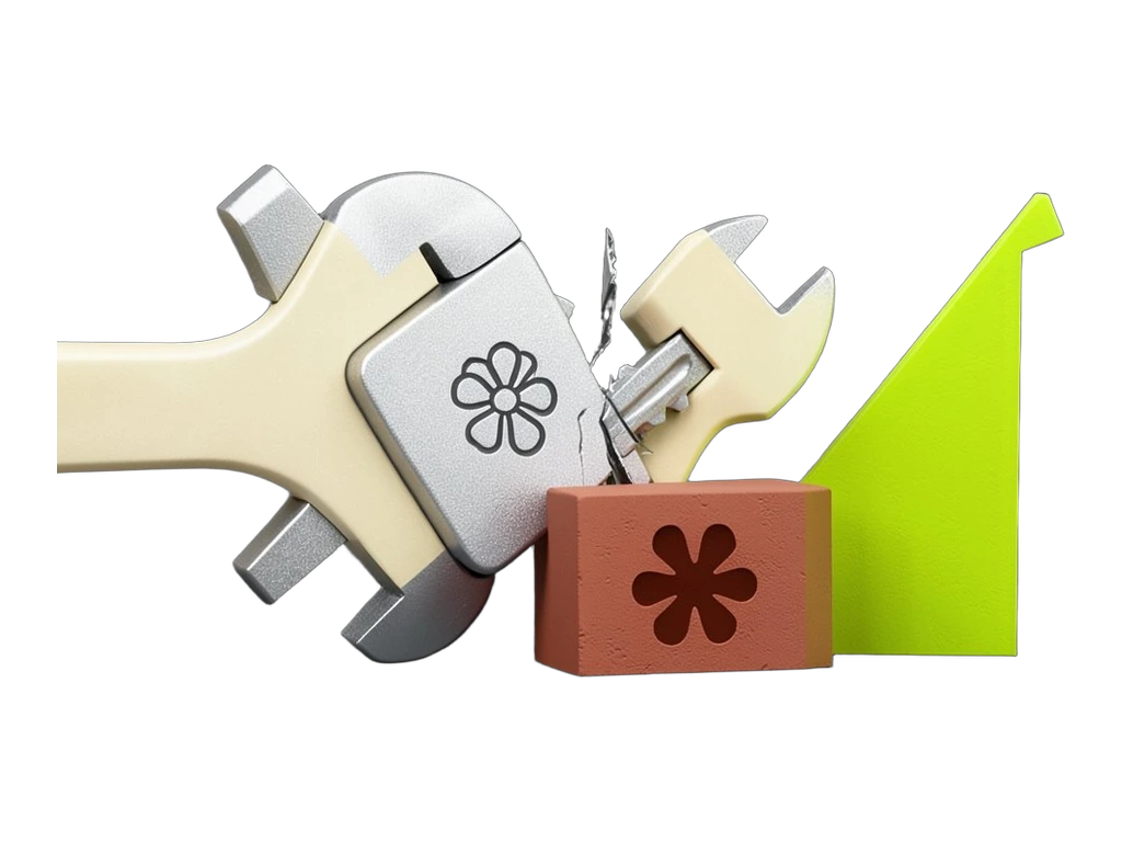 A solid key-shaped block stamped with the OpenAI Blossom symbol being snapped in half by two opposing solid wrench-like blocks, while a small solid barrier wall stamped with the Cl