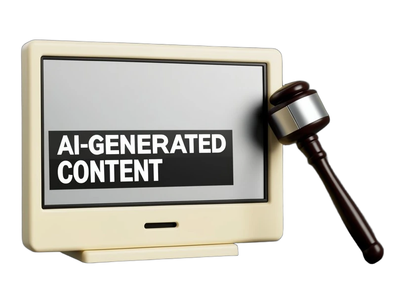 A solid television set displaying a simple product advert, with a thick rectangular label fused directly into the screen's lower corner; a judge's gavel leans against the televisio