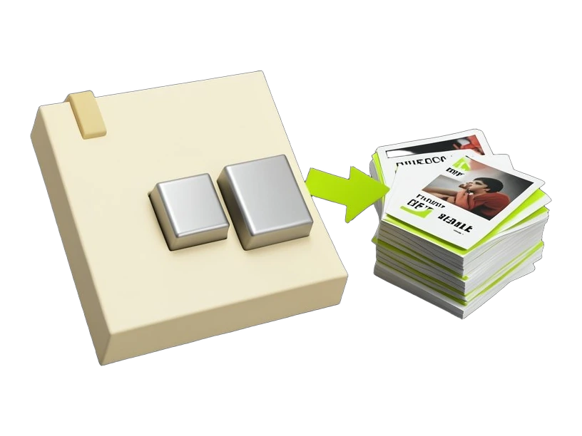 A research draft sheet is split into three thick solid blocks standing in a row, beside a fanned stack of small article cards. A thick arrow from the cards points to a second, revi