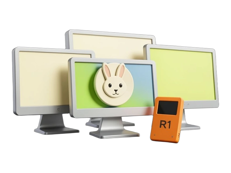 Five solid computer screens of varying size arranged in a tight cluster, each facing outward, with Rabbit's rabbit-head mark floating as a compact emblem at the centre linking them
