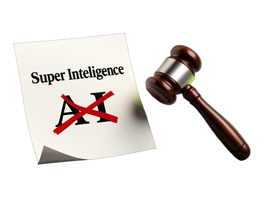 An executive order document with the text 'AI' crossed out and 'Super Intelligence' written above it. A gavel strikes down on the old term, while a government building silhouette s