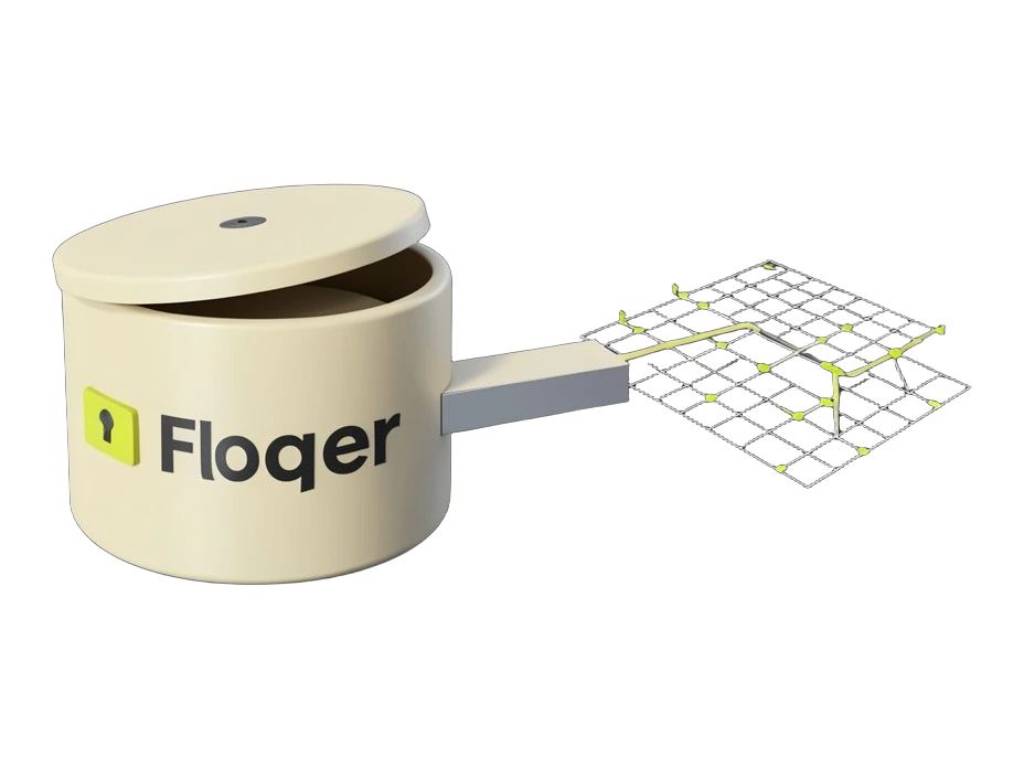 A solid database cylinder with the Floqer label, its lid opened and sliding out into a forked path: one branch stays inside a locked company box, the other opens into a public open
