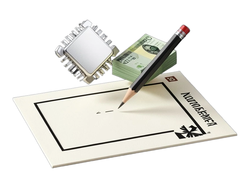 A solid university application form has an empty ID-photo frame; a chunky microchip holds a thick pencil and fills in the course answers, while a small stack of banknotes slides in