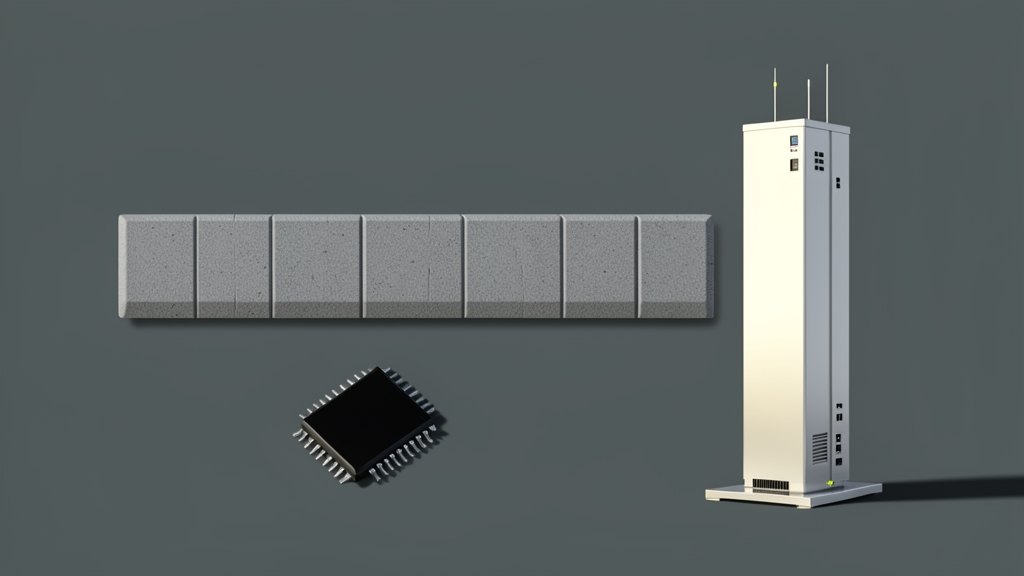 A wide solid gray bar made of 493 identical small square segments, perfectly level, stretches horizontally as a flat margin line. A plain dark microchip sits disconnected below it,