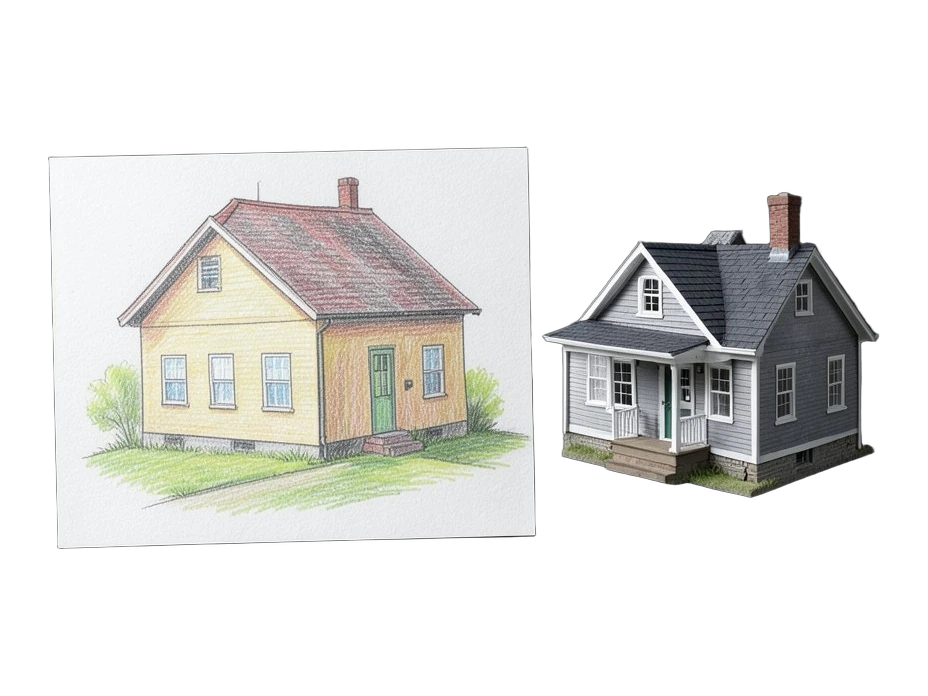 En farveblyanttegning af et harmløst hus, nøje udført på et stykke papir, forvandles langsomt til en fotorealistisk miniature-model af samme hus.
