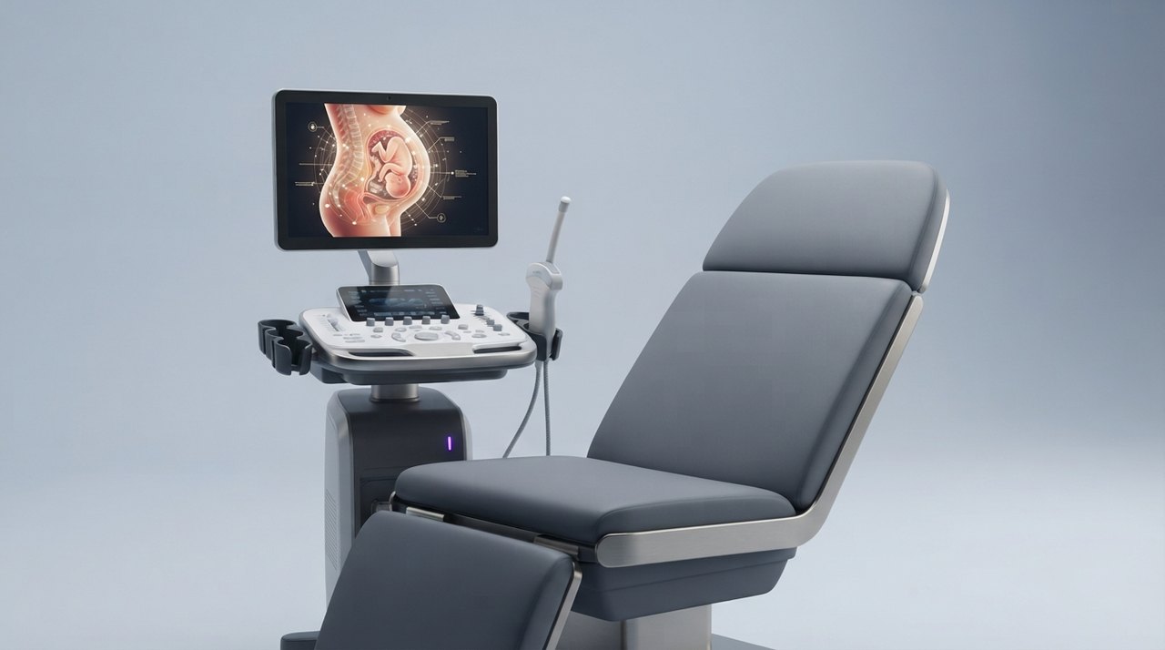 En hospitalsstol med en ultralydsscanner ved siden af en skærm, der viser et farvet diagram af en gravid mave med prikker og linjer.