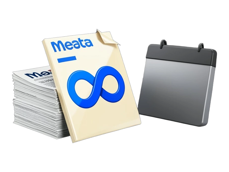 A heavy contract page bearing Meta's blue infinity-loop symbol is shoved backwards by a thick stack of folded newspapers leaning against it, and an empty square calendar block behi