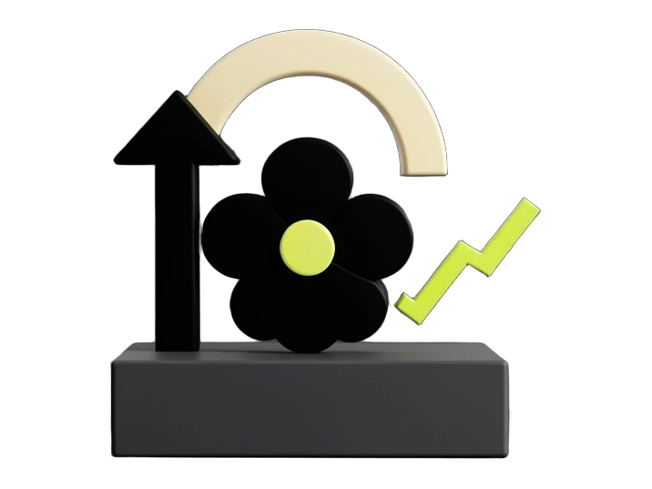 The Cerebras Blossom symbol in black on a solid podium shape, with one solid upward arrow rising toward a hopeful sunrise arc on one side and a solid downward dashed trend line on 