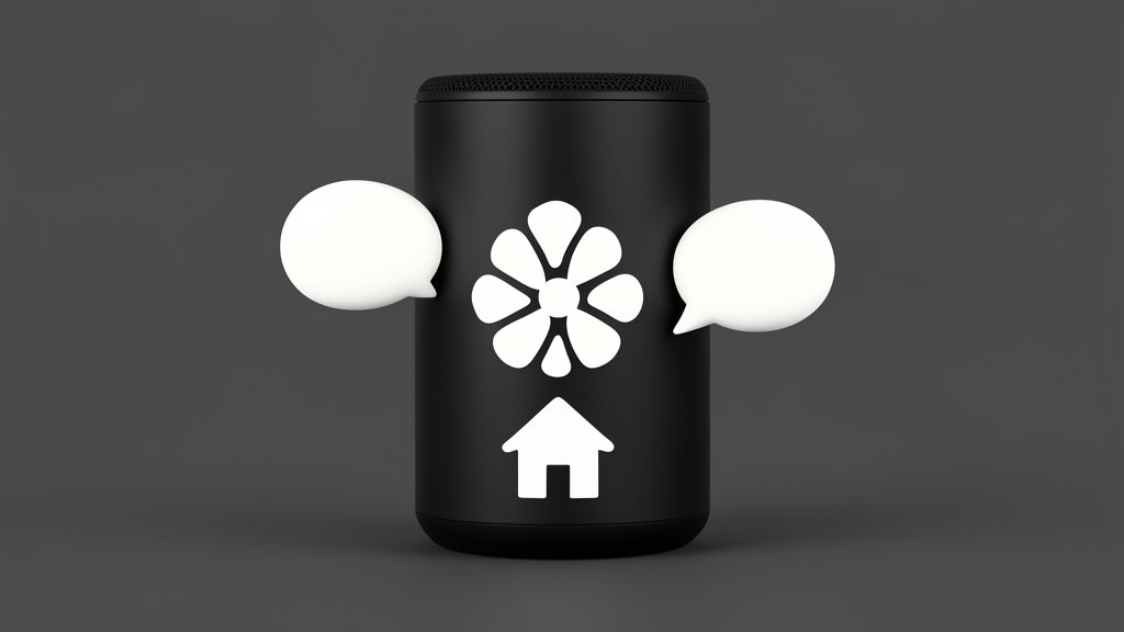 A compact smart speaker device with the Cerebras Blossom symbol in white on its opaque black front face, surrounded by two solid speech bubbles and a small house shape, showing a p