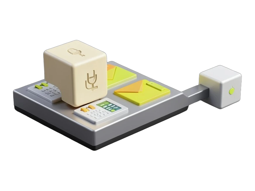 A chunky solid meeting-recorder block bearing a small microphone silhouette is drawn into a large opaque productivity platform slab covered with solid calendar, envelope and databa