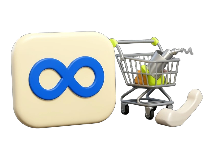 The blue Meta infinity-loop symbol sits front-facing on a solid rounded agent tile; beside it a solid blocky shopping cart holds a small steam-wand part, while a separate solid tel