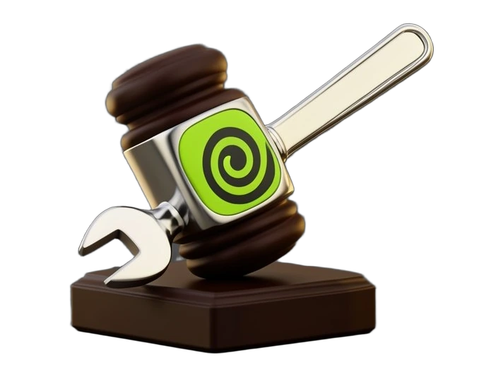 A thick chrome open-end wrench lies across the head of a solid dark wooden judge's gavel, pinning it down so the gavel cannot strike the block. A large Nvidia green swirl-eye emble