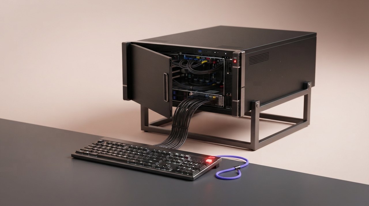 En sort server med kabler, en åben låge, og et rødt 'access granted'-lys på et tastatur.