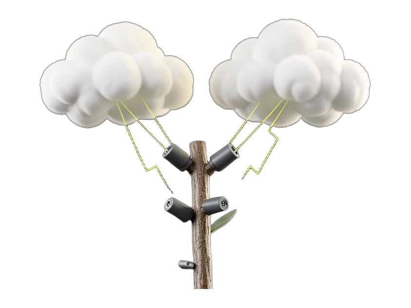 A stylised solid plant stem with small sensor nodes attached via screws on its surface, sending waveform signal lines toward a solid cloud shape; the scene shows Electric Plant's B