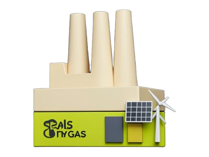 A solid industrial power plant silhouette with three thick smokestacks dominating a stacked bar chart, while a smaller solar panel and wind turbine block sits beside a shrinking se