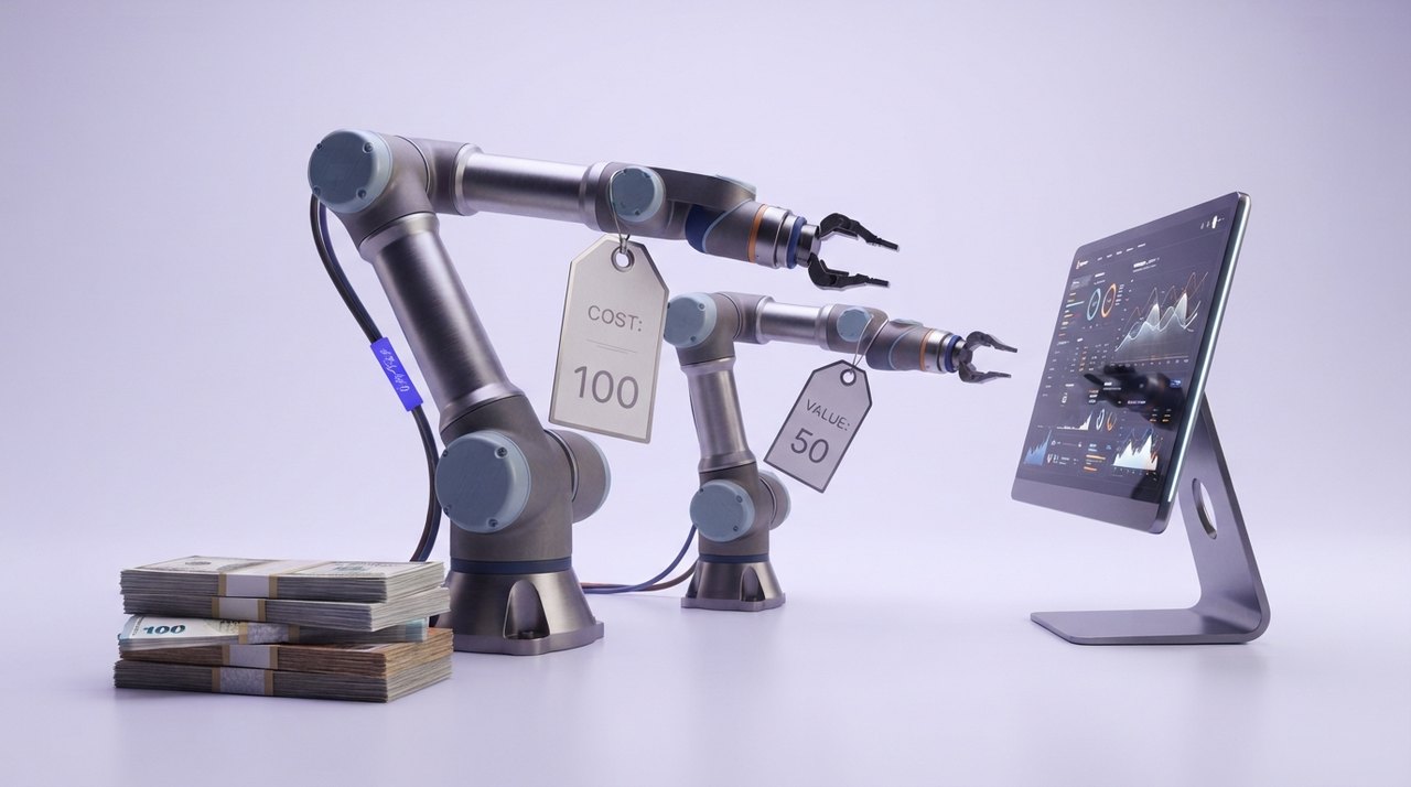 En stabel kontanter ved siden af to robotarme, hvor den ene har et prisskilt på halv størrelse af den anden, og begge peger mod en computerterminal.