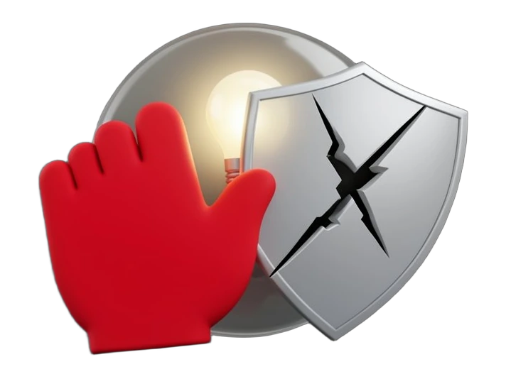 A thick stop-hand shape pushing against a solid speech bubble containing a lightbulb, with a second opaque shield layered in front showing a jagged crack, illustrating refusal mech
